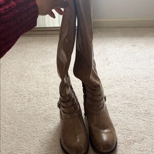 Boutique by Corky’s Knee High Boots Taupe Faux Leather Side Zip Block Heel